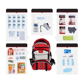 1048987 - Children’s Survival Kit; Backpack: red/black/grey backpack surrounded by included contents.  See product description for full list of contents.