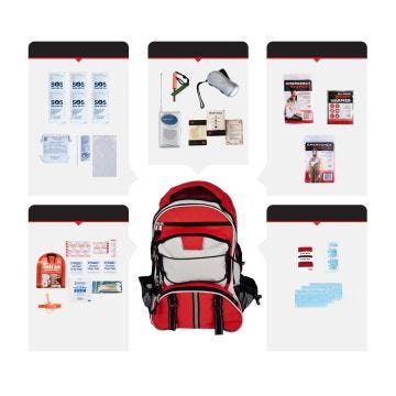 1048989 - 1 Person Necessity Survival Kit; Backpack: red/black/grey backpack surrounded by included contents.  See product description for full list of contents.