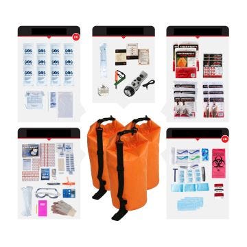 1049005 - 6 Person Comfort Survival Kit; Dry Bag: 3 orange/black dry bags surrounded by included contents.  See product description for full list of contents.