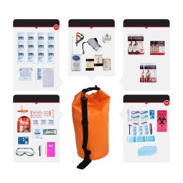 1049017- 2 Person Essential Survival Kit; Dry Bag: orange/black dry bag surrounded by included contents.  See product description for full list of contents.
