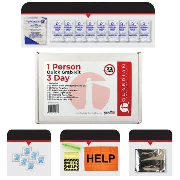 1049035 - 3-Day Quick Grab Kit in Resealable Box: white resealable bag with red/black/ white wording surrounded by included contents.  See product description for full list of contents.