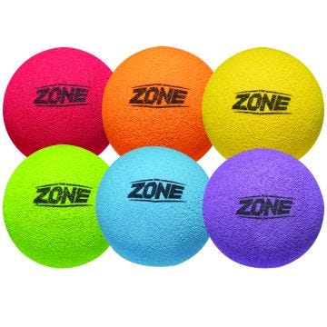 Front view of 6 assorted colors (Red, Orange, Yellow, Green, Blue, Purple) of The Zone™ PX-4 Bounce Free Balls 