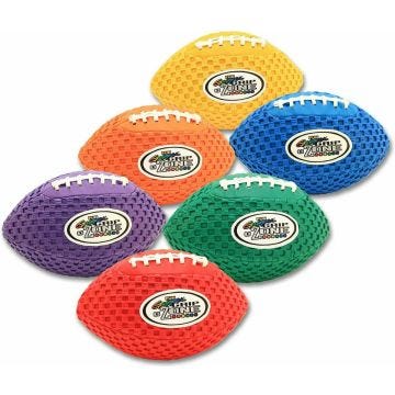A set of six Fun Gripper Grip Zone 10.5-inch footballs in different solid colors, including red, yellow, green, blue, purple, and orange. Each ball has a textured outer surface, white laces, and a "Grip Zone" logo on the side.