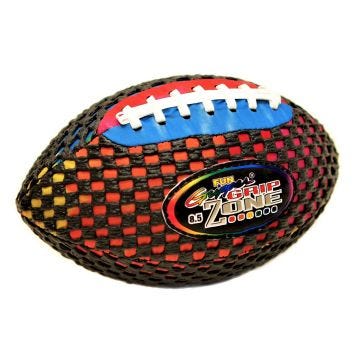 A close-up of a Fun Gripper Grip Zone 8.5-inch football with a black textured mesh outer layer, red and orange checkered padding, and a multicolored panel featuring blue, red, and white laces.
