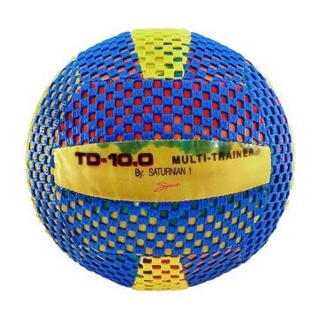 A Fun Gripper multi-trainer ball with a blue and yellow textured surface. The ball has a multicolored label with the text "TD-10.0 MULTI-TRAINER By: SATURNIAN 1 Sport."