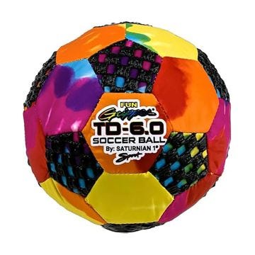 A Fun Gripper TD-6.0 soccer ball with a multicolored patchwork design featuring vibrant shades of yellow, orange, pink, and blue. The ball has black mesh panels for added grip and a label displaying the text Fun Gripper TD-6.0 SOCCER BALL By: SATURNIAN 1