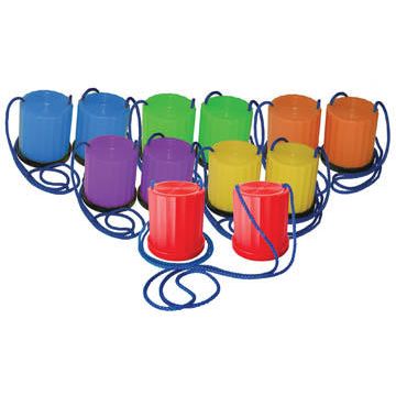 front view of platform stilts with adjustable hand cords and non-marring rubber base rims. Set of 6; assorted colors blue; green; orange; purple; yellow; and red.