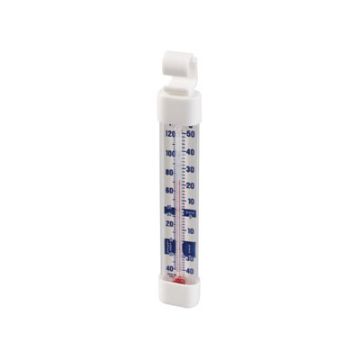 angle view of a white refrigerator freezer thermometer that can be hung or mounted with blue easy to read numbers in fahrenheit and centigrade. the red liquid in side the thermometer is non toxic.