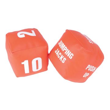 A pair of large, orange fabric dice One die displays numbers, such as 10 and 2, while the other features physical activity prompts like Jumping Jacks and Push Up.