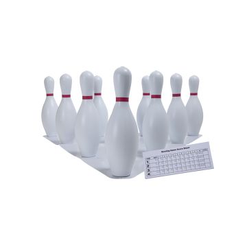 White plastic bowling pins on set up sheet and score pad