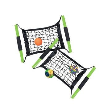 A pair of black handheld nets with green handles, used for catching and launching balls. Includes small colorful balls.