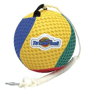 A Fun Gripper tetherball with a soft, textured yellow, blue, red, and green surface. The ball is attached to a white rope with a metal clip for easy attachment to a tetherball pole.