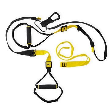 16082PS_00 - A TRX suspension trainer with black and yellow adjustable straps, rubber grip handles, and a carabiner attachment. A separate yellow strap.