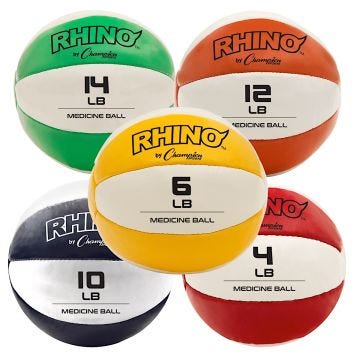 Four round leather medicine balls with alternating colors and white horizontal panels. Rhino by Champion print on top red panels. The size of the medicine ball printed on middle white panels, clockwise, 14 lb, green, 12 lb. orange, 4 lbs, red, 10 lbs. bla