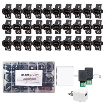 30 black heart zone class pack foot pods with straps with 2 usb bridges;1 charging cube and usb-c or lightening adapter; and a plastic storage case