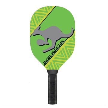 A green pickleball paddle with a black handle featuring a grey kangaroo graphic and tribal-style accents, branded with "Kanga"