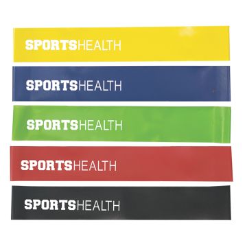 the sports health fitness band loops in colors yellow; blue; green; red and black