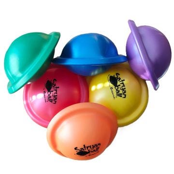 A set of colorful Saturn shaped balls in red, yellow, orange, blue, green, and purple. Each ball has a ringed, dome-like shape with the "Satryan Ball" logo printed on the surface.
