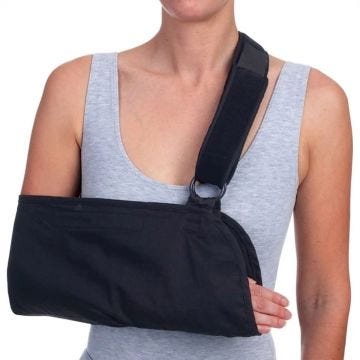 Black universal arm sling with adjustable padded shoulder strap.