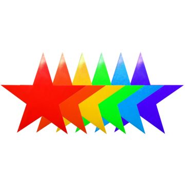 Set of six rubber stars ranging in color from red, orange, yellow, green, purple and blue.
