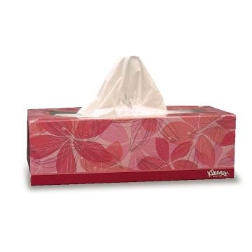 Front view of box of 100 Kleenex 2-Ply Tissues with 36 boxes per case