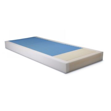 80"L x 35"W foam mattress with blue and white ridges.
