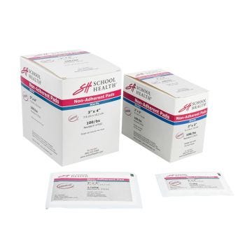 Front view of boxes of School Health Sterile, Non-Adherent Pads 