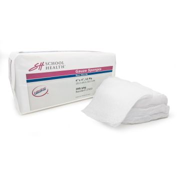 12-ply, 4" x 4" Gauze Sponges, 200 per package. School Health white, paper packaging with magenta and blue stripes. Stack of white, 4" gauze sponges in front of package.