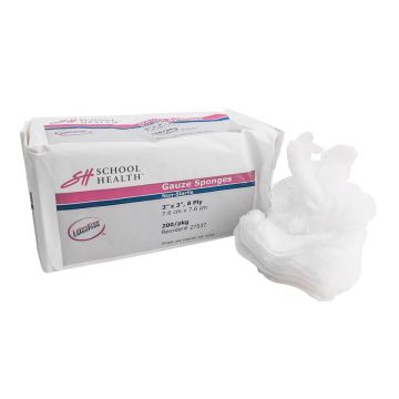 Front view of 3" x 3", 8-ply School Health Non-Sterile Gauze Sponges with 200 per bag