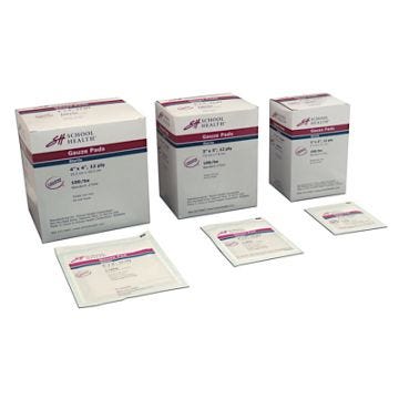 Front view of School Health sterile gauze pads in different size boxes . Ideal for wound dressing, wound pacing and general wound care.  Sterile gauze pads available in sizes 2 inch by 2 inch , 3 inch by 3 inch, and 4 inch by 4 inch, 12-ply. 