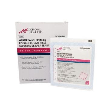 Front view of box of 100 School Health 12-ply Sterile 3" x 3" Gauze Pads 