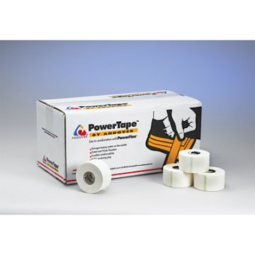 Front view of 1-1/2" x 15 yd rolls of White Andover PowerTape in front of the box with 32 rolls per case