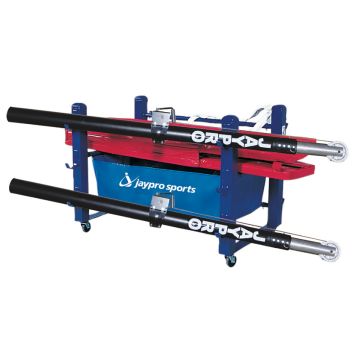 Volleyball equipment carrier, royal blue holding black polls, and red pads, blue storage, on black swivel wheels