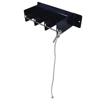 Blue upright storage rack with three individual slots.