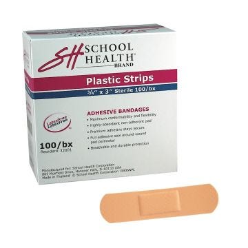 Front view of box of 100 Plastic School Health Brand Adhesive Bandages