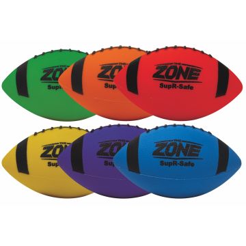 The Zone™ SupR-Safe Youth Footballs, shown in six colors: green, orange, red, yellow, purple, and blue.