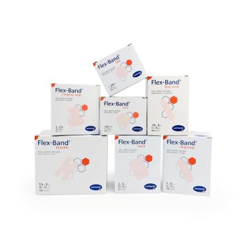 Array of Flex-Band adhesive bandage boxes including fingertip, spot, knuckle, patch, and strips.