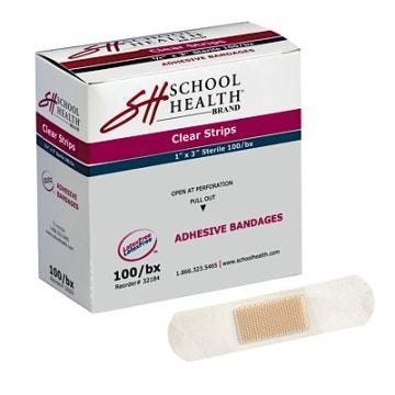 Side angle of box of 100 Clear, 1" x 3" School Health Adhesive Bandages