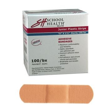 Front view of box of 100 School Health Junior Plastic 3/8" x 1-1/2" Adhesive Bandages