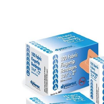 Front view of box of 100, 1-3/4" x 2" Dynarex Fabric Adhesive Fingertip Bandages