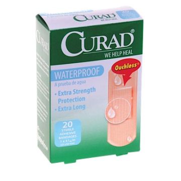 Front view of box of 20 Curad Waterproof Plastic Bandages