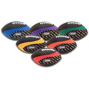 A set of six black footballs with a textured grip surface and colorful side panels in blue, purple, green, yellow, orange, and red. Each ball features white laces and a black label reading "FG Grip Zone 10.5."