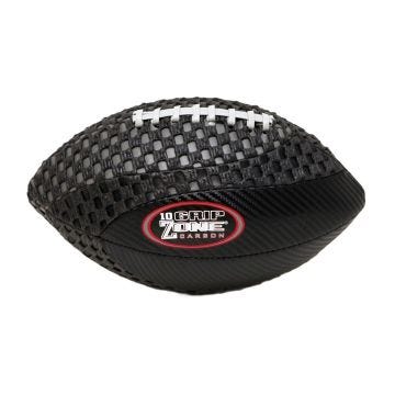 A black football with a textured grip surface and a carbon fiber-style lower half. The football features a white lacing system and a red oval logo reading "10 Grip Zone Carbon."