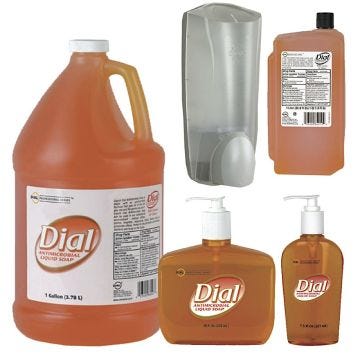 Front view of Liquid Dial Gold Antimicrobial Soaps and Dispenser