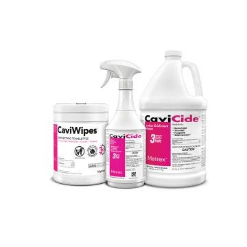 a collection image of caviwipes disinfecting towelettes;cavicide 24 ounce spray and gallon of cavicide surface disinfectant cleaner
