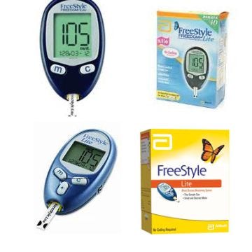 Front view of the FreeStyle Lite Blood Glucose Monitoring System showing the glucose monitor with a large screen for easy to read display, with a test strip inside the port and the FreeStyle Freedom Lite product packaging box. 