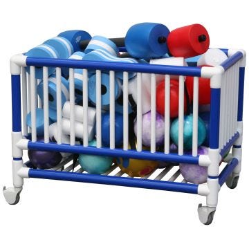 Blue and white rolling storage bin filled with a variety of aquatic fitness equipment, including foam dumbbells, colorful exercise balls, kickboards, and flotation devices.