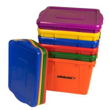 Stack of six colorful Shield-branded storage bins with lids; shown in purple; yellow; blue; red; green; and orange.