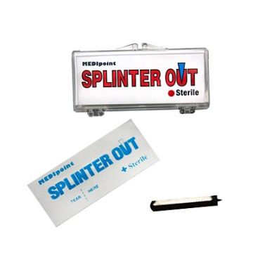 Front view of package of 20 Splinter Out Sterile Splinter Removers / Blood Lancets