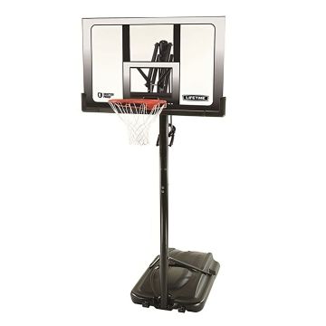 A portable basketball system with a see through backboard, on a white background.